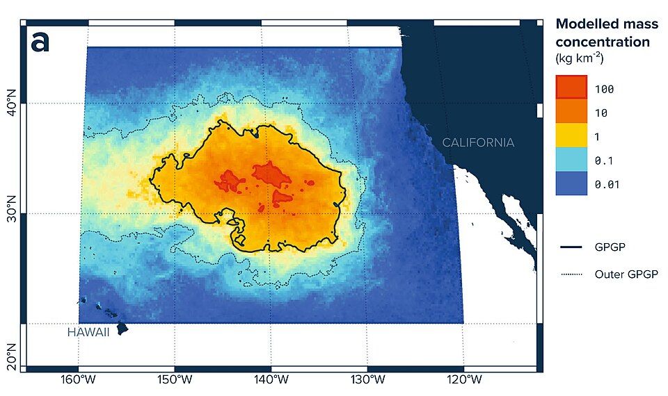 Map showing modelled mass concentration (kg km²) over the Pacific Ocean, highlighting GPGP and Outer GPGP areas, with a color gradient from blue to red indicating varying concentrations.