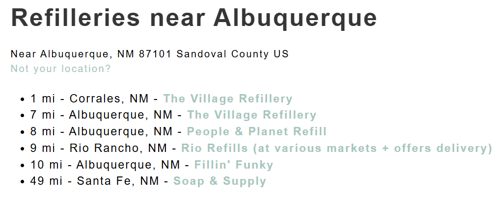 List of refilleries near Albuquerque, NM with distances and names of each location.