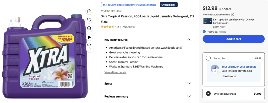 Xtra Tropical Passion liquid laundry detergent bottle, 312 fl oz, featuring a purple design and indicating 260 loads. Includes promotional details and pricing.